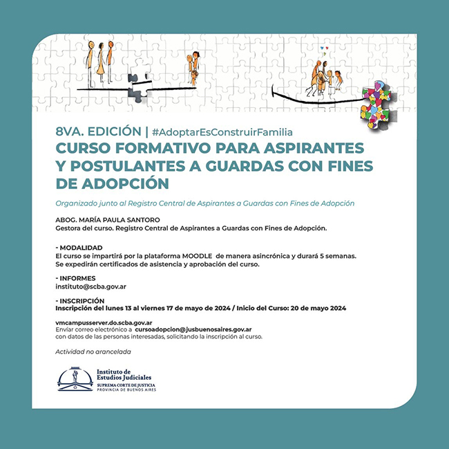 flyer con información sobre el Curso informativo para aspirantes y postulantes a guarda con fines de adopción
