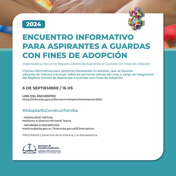 flyer con información de la actividad Encuentro informativo para Aspirantes a guardas con fines de Adopción. Programa derechos de la infancia y la adolescencia