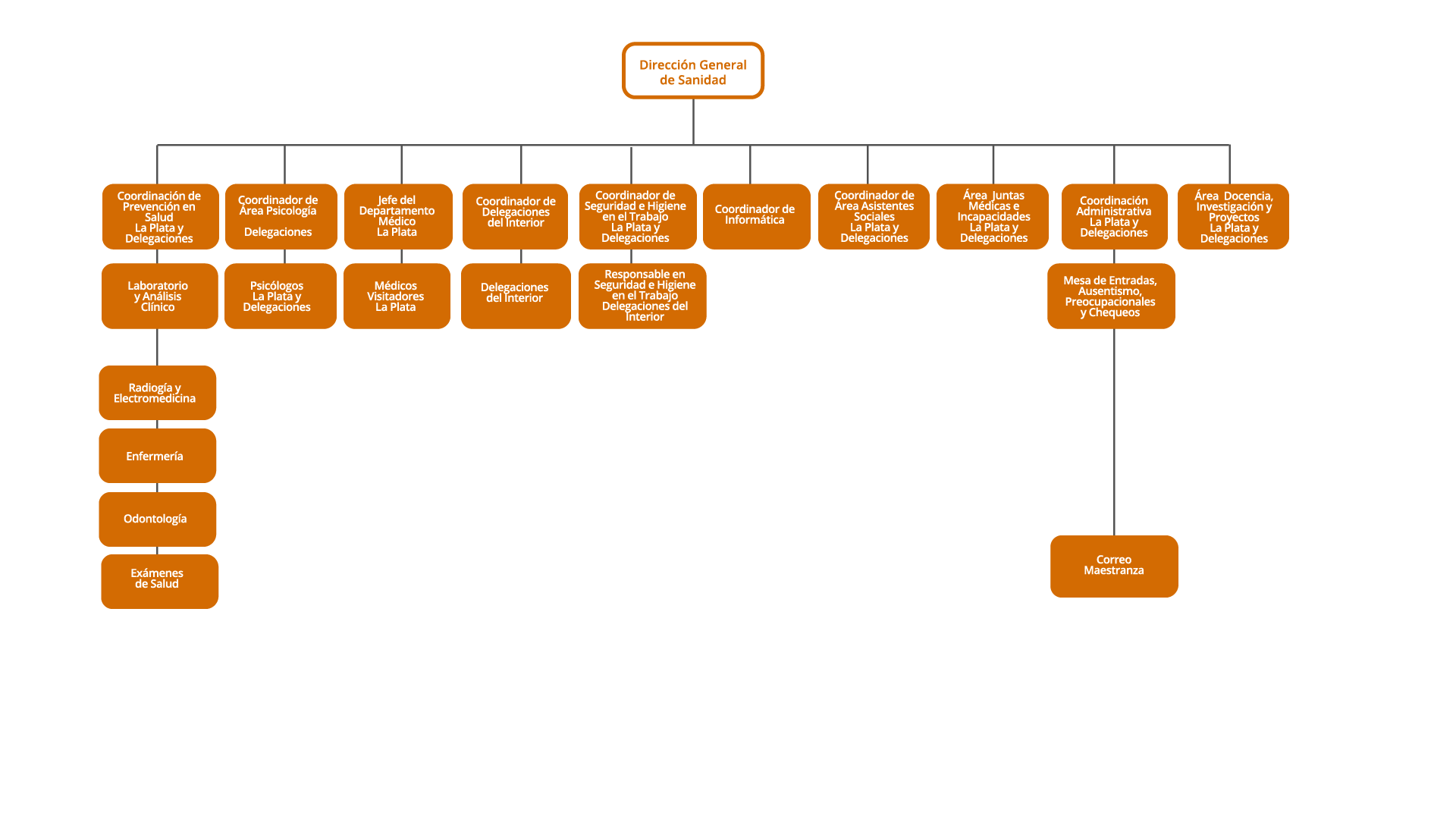 La Dirección General de Sanidad está compuesta por Coordinaciones, áreas y el Departamento Médico de La Plata. Las Coordinaciones son: de Prevención en Salud dependiendo de ella Laboratorio y Análisis Clínico, como también Radiología y electromedicina, Enfermería, Odontología y Exámenes de Salud; tanto en La Plata como en las delegaciones. Coordinador de Área Psicología dependiendo los Psicólogos de La Plata y las Delegaciones. Coordinador de Delegaciones del Interior. Coordinador de Seguridad e Higiene en el Trabaja, tanto en La Plata como en las Delegaciones. Coordinador de Informática. Coordinador de Área Asistentes Sociales, tanto en La Plata y en las Delegaciones. Y Coordinación Administrativa tanto en La Plata como en las Delegaciones, se encarga de la Mesa de Entradas, ausentismo, preocupacionales, chequeos y correo.Las Áreas son de juntas Médicas e Incapacidades y Docencia, Investigación y Proyectos, tanto en La Plata como en las Delegaciones.Del departamento Médico dependen los Médicos Visitadores de La Plata