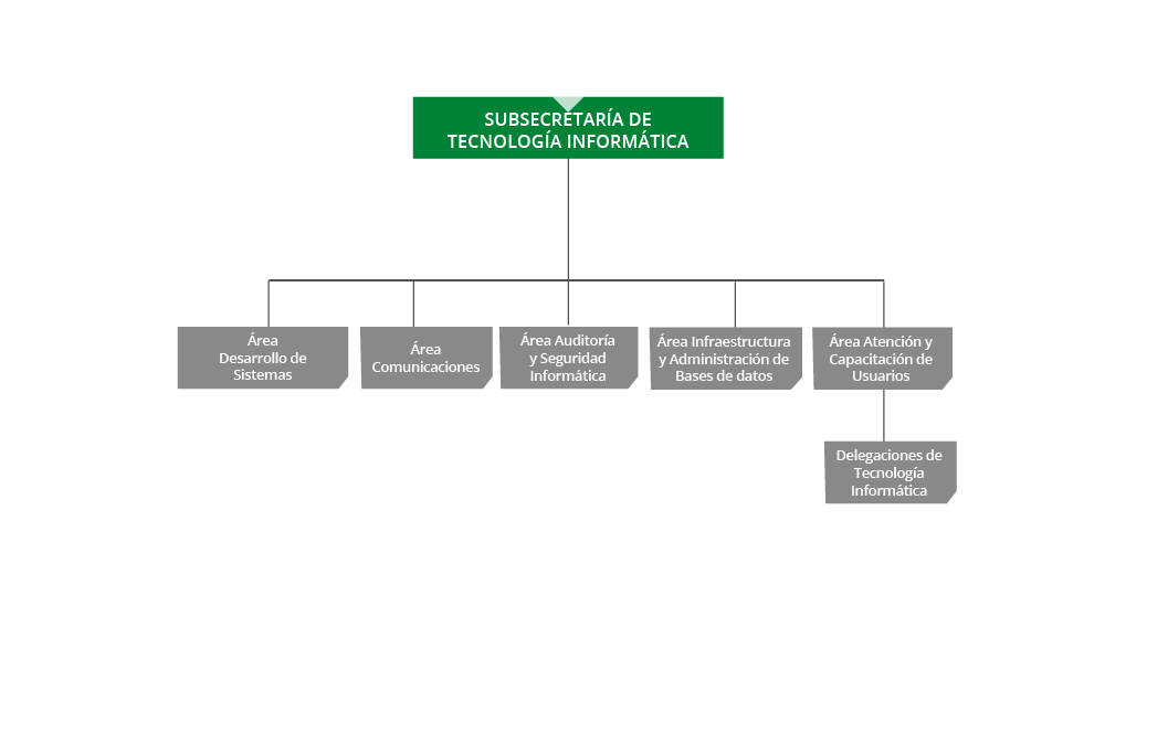 La Subsecretaría de Tecnología Informática se compone del área de Desarrollo de Sistemas, el área Comunicaciones, el área Auditoría y Seguridad Informática, el área Infraestructura y Administración de Bases de Datos y el área de Atención y Capacitación a Usuarios, aparte de las delegaciones departamentales.